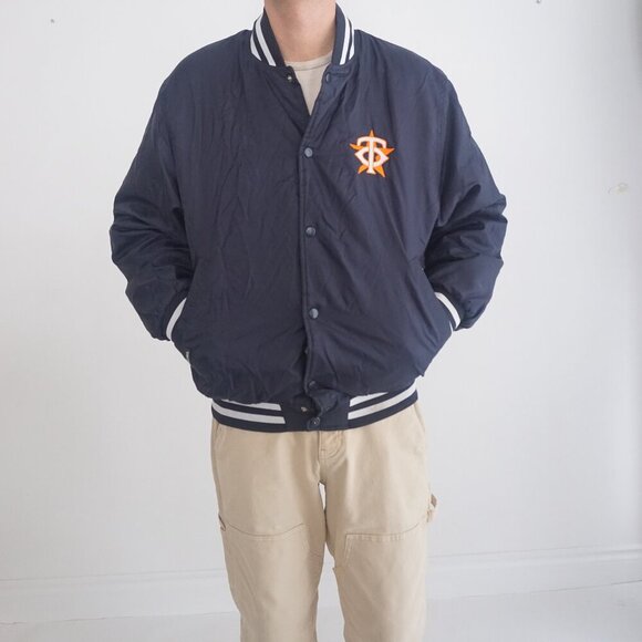 Vintage Houston Astros Navy Button Up Varsity Bomber Jacket By Holloway Medium - Picture 1 of 11